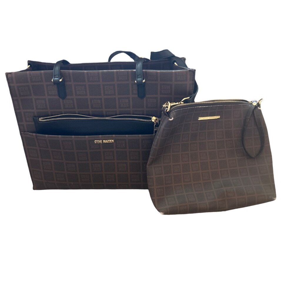 STEVE MADDEN PLAID TOTE SET BLIVIA COGNAC LOGO WITH PURSE - Picture 3 of 8